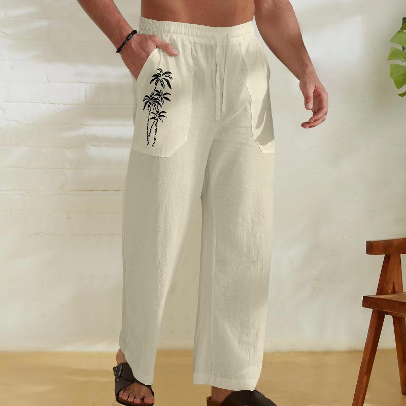 Men's Cotton Linen Thin Section Casual Trousers Straight Loose Printed Trousers Men's Summer Models