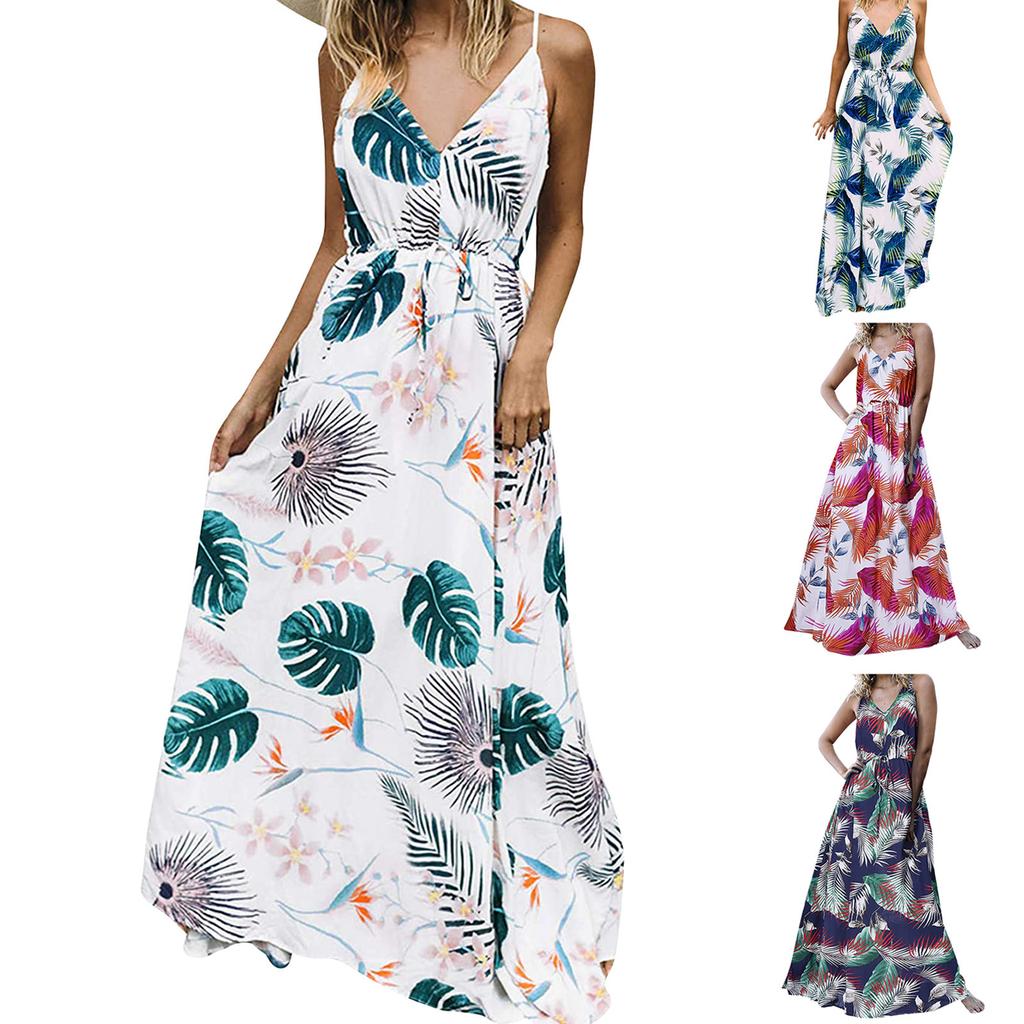 Ladies Fashion Elegant Dress With Printed Suspenders And Floor-Length Skirt