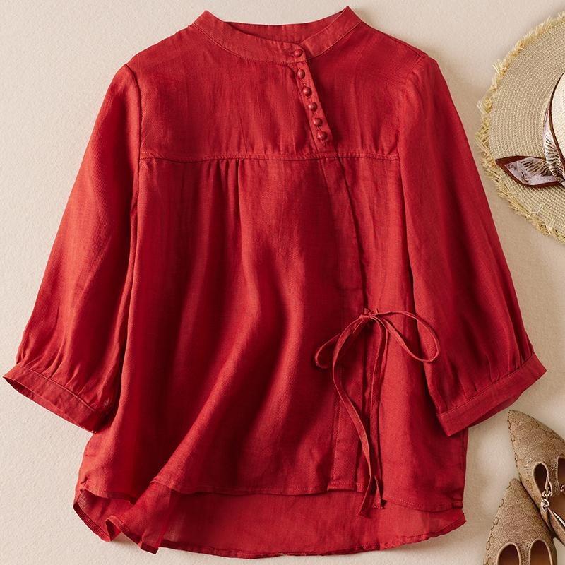 Unregelmäßiger Rundhalsausschnitt Sieben-Minuten-Ärmel Shirt Frühling und Sommer Neu Literarisches Temperament Locker Übergröße Lässige Bluse