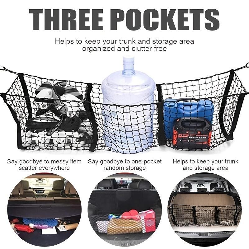 3-Pocket Car Storage Net For Pickup Trucks & SUVs Three-Post Luggage Net for Trunk Ideal Organizer for Luggage & Accessories New