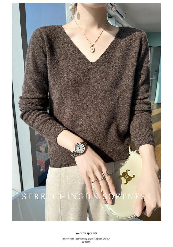 Women's V-Neck Wool Sweater: Slim Fit, Long Sleeve, Knit Base Layer for Autumn & Winter