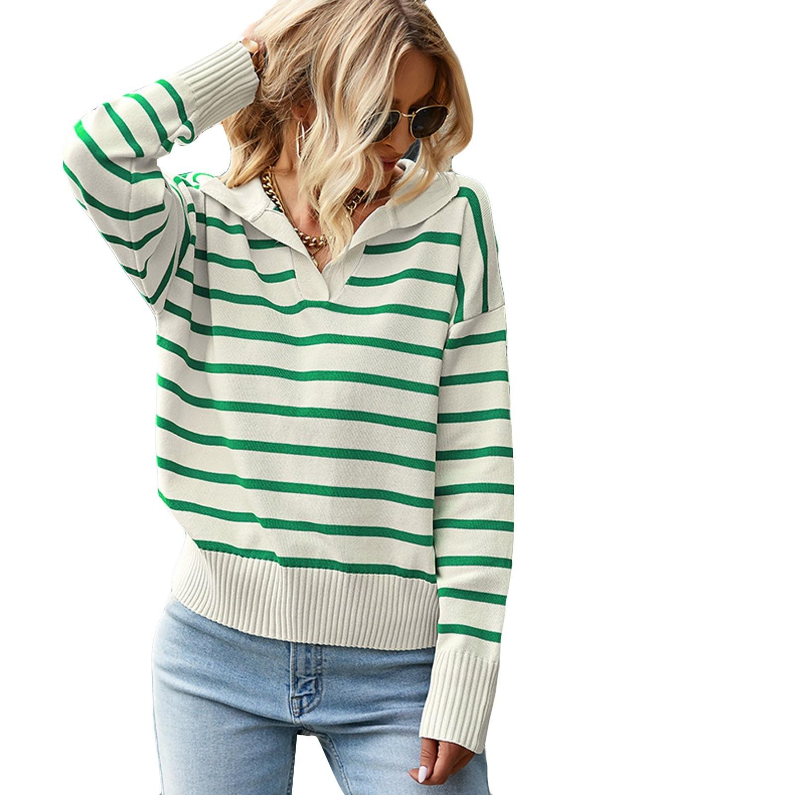 

Женский повседневный модный удобный пуловер с лацканами в полоску с длинным рукавом уличный тренд вязаный свитер XL