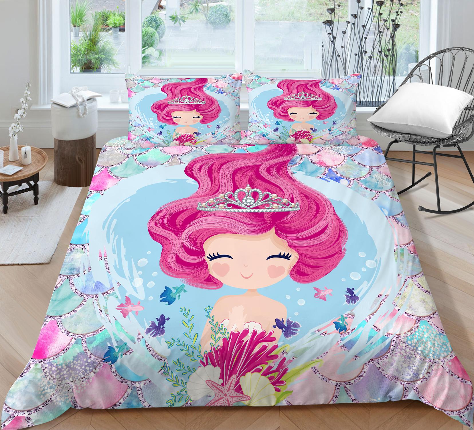 

Семейное постельное белье, односпальная двуспальная кровать, полноразмерная наволочка принцессы-русалки и пододеяльник, подходит для украшения дома для девочек и детской комнаты UK Single 135x200cm