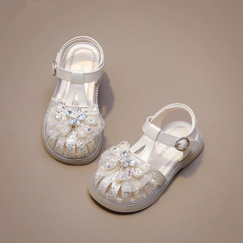 Girls Shoes 2025 New Summer Little Girl Children's Sandals Soft Sole Crystal Butterfly Bag Head Sandals Princess Shoes