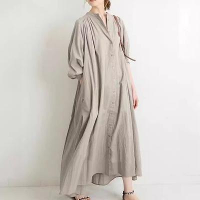 Sommer Lockeres Hemdkleid in Übergröße Basishemd Reine Farbe Baumwolle Leinen Retro Lässig Stehkragen Große Swing Kleider