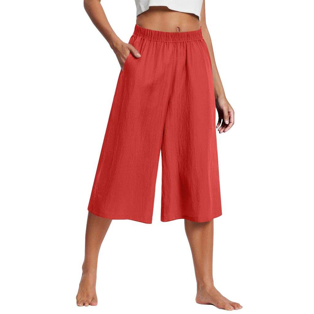 Pantaloni Capris Larghi Estivi da Donna Casual e Versatili Stile Pigro in Cotone e Lino con Tasche Leggeri Vita Alta Sformati Corti