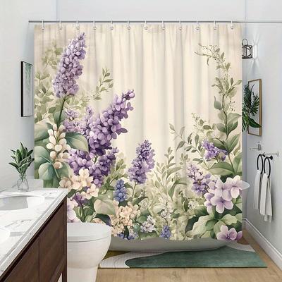 1pc Watercolor Lavender Shower Curtain - Soft Pastel Design, Green Leaves, 70x70In, 12 Hooks, Polyester, Machine Washable