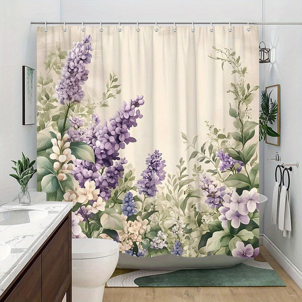 1pc Watercolor Lavender Shower Curtain - Soft Pastel Design, Green Leaves, 70x70In, 12 Hooks, Polyester, Machine Washable