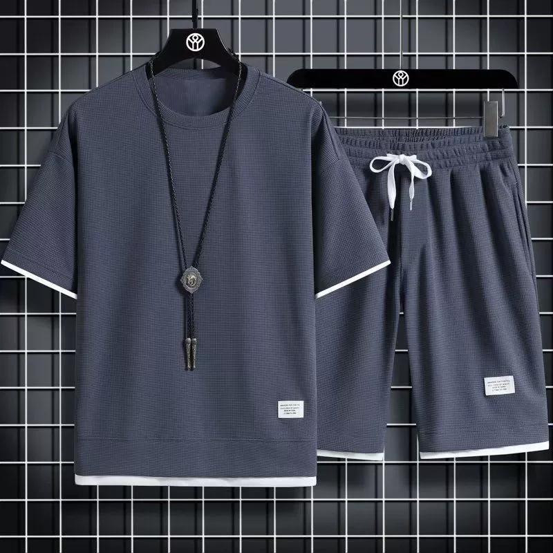 Summer Men's Waffle Sets Casual T-Shirt and Shorts Set Male Sports Suit Solid Color Tracksuit Loose Suits