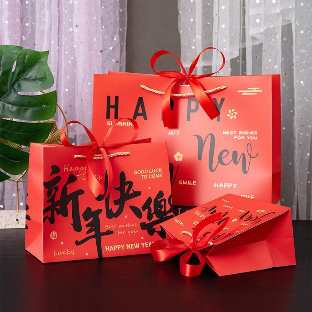 Red Present Wrap Bag Bow Ribbon New Year Gift Bag New Year Decor Gift Packing Bag Holiday Gifting