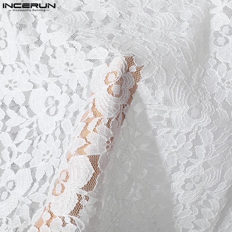 INCERUN Letní pánské tričko s krátkým rukávem a čtvercovým výstřihem, krajkové, květinové, na párty, do klubu, vypasované