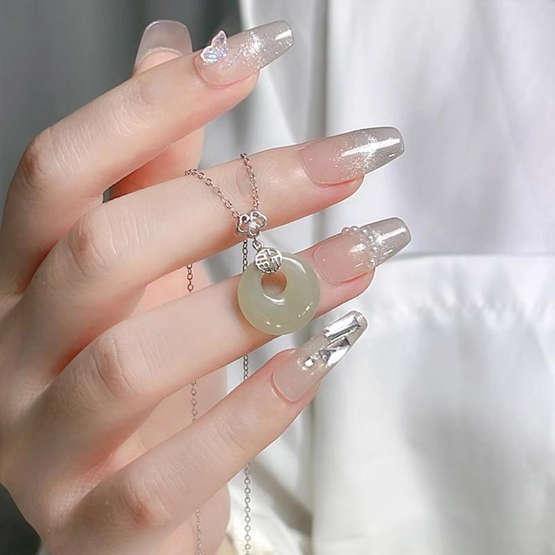 S925 Sterling Silver Hetian Jade Auspicious Peace Buckle Necklace, 2024 Vintage Style Clavicle Chain Gift for Women 925 Silver