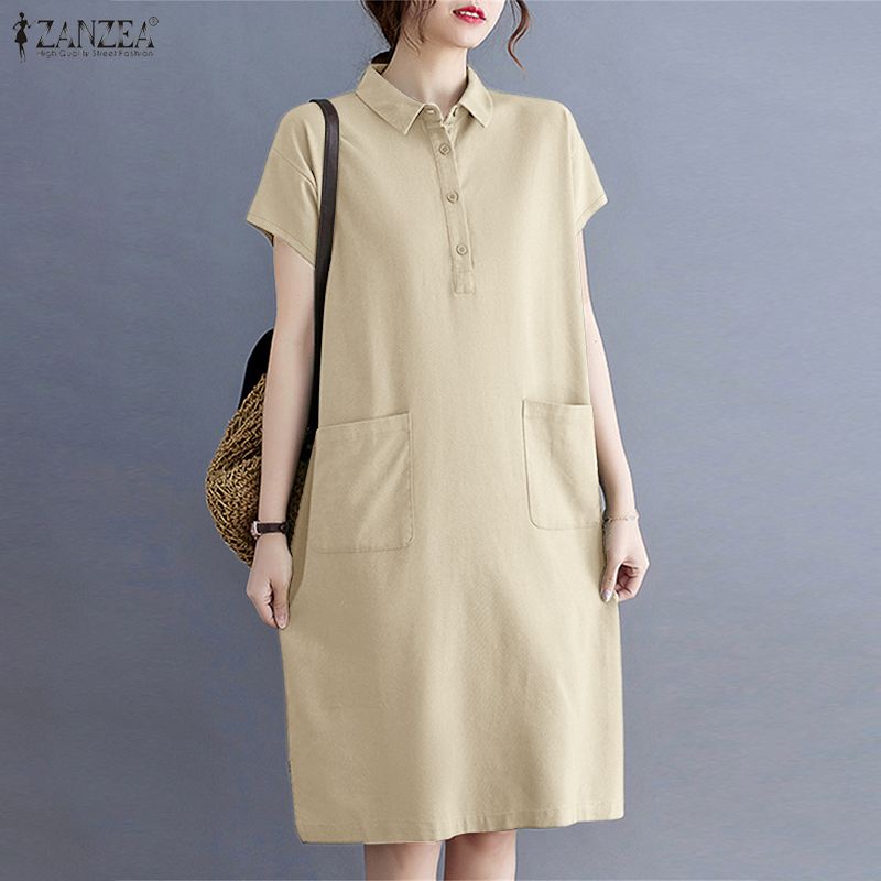 ZANZEA Women Casual Turn Down Collar Solid Color Short Sleeve Shirt Dress