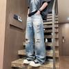 American cleanfit ripped jeans men's summer thin breathable blue straight pants boys high street wide-leg pants