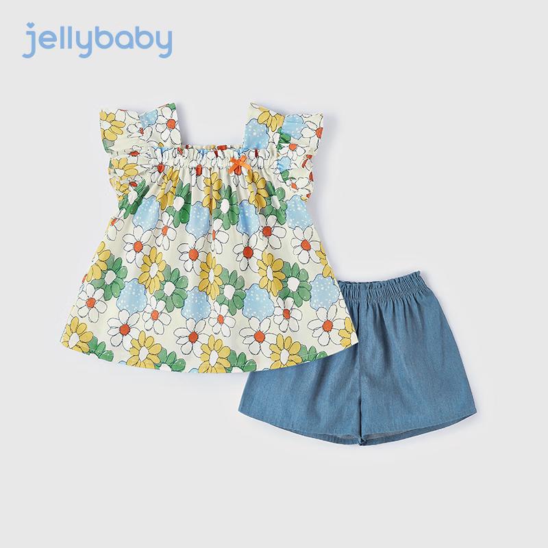 JELLYBABY Girls  Floral Print Cotton Two-Piece Summer Set 130