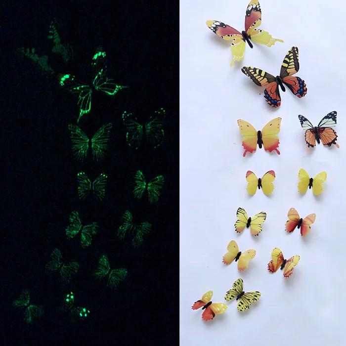 12Pcs/Set Luminous Butterfly Wall Stickers Sala de estar Borboletas para decoração de festa de casamento Casa 3D Geladeira Decalques Papel de parede