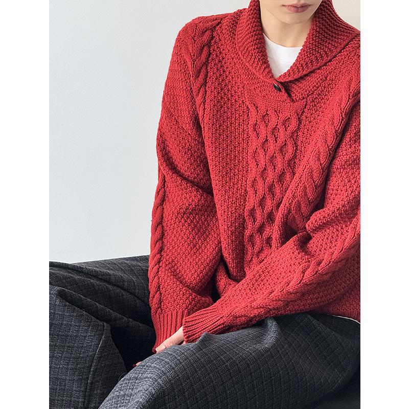 Tachibana Korean version sweater temperament fashionable lapel thickened knitted sweater versatile top retro loose long sleeves 1911