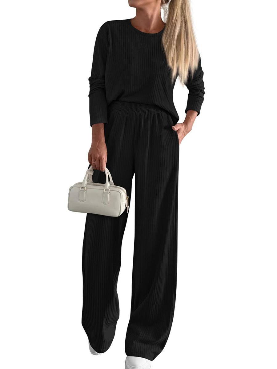 

Autumn Trendy Two-Piece Casual Long Sleeve Ribbed Knit Wide Leg Pants Set Women s Fall Fashion S чёрный