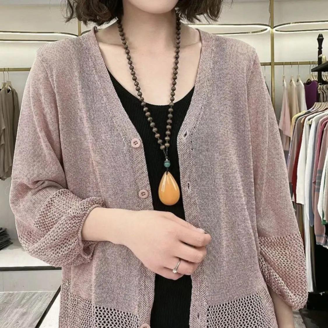 Women V Neck Hollow Crochet Knit Cardigan 3/4 Lantern Sleeve Single Breasted Thin Sun Protection Knitted Coat S