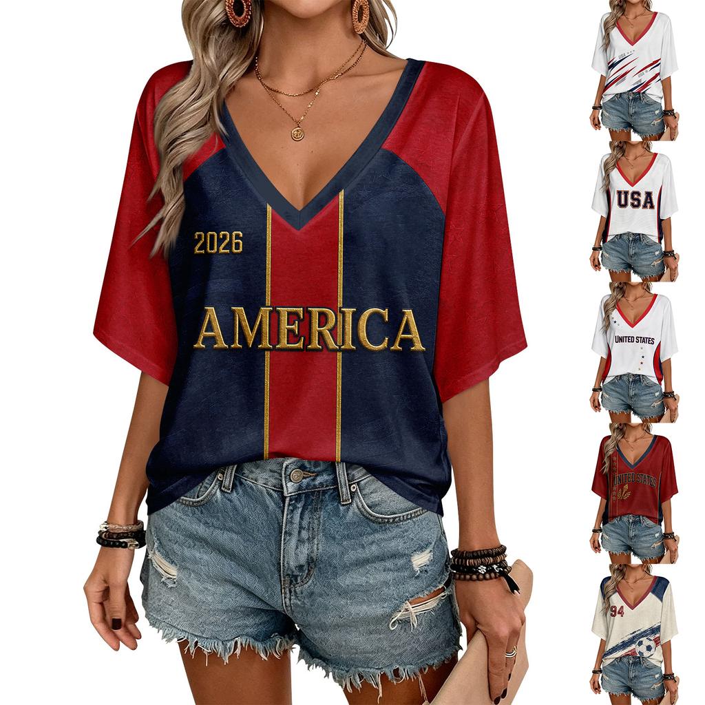 Women's V-Neck Short Sleeve T-Shirt with Letter Print - Casual Soccer Fan Top