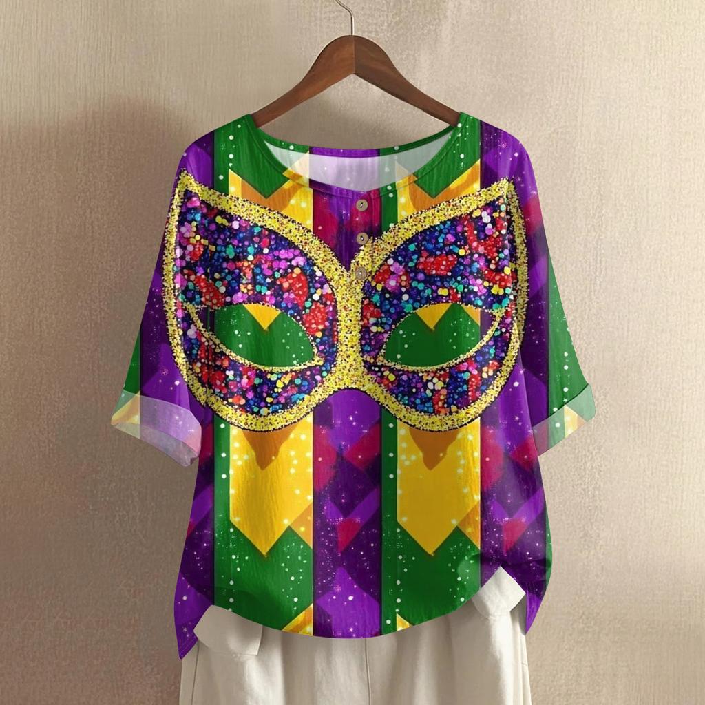 Women's Carnival Printed Casual Mid Sleeve Round Neck Cotton And Hemp Top