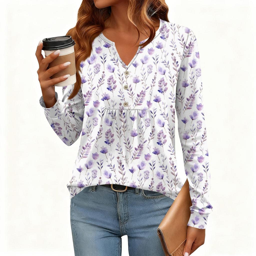 Γυναικείο Χαλαρό, V-λαιμόκοψη, Ρετρό Χρώμα, Μπλοκ με Φλοράλ Σχέδιο, Μακρυμάνικο Πουλόβερ T-shirt