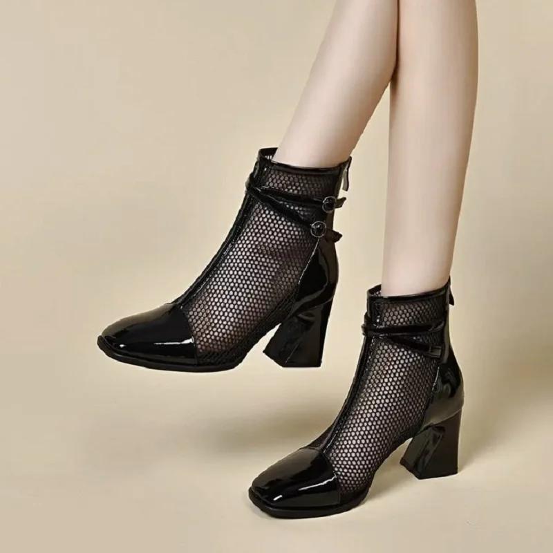 2026 Summer Fashion Women's Hollow-out Mesh Short Boots - Patent Leather Pointed Toe Chunky Heel Breathable Shoes