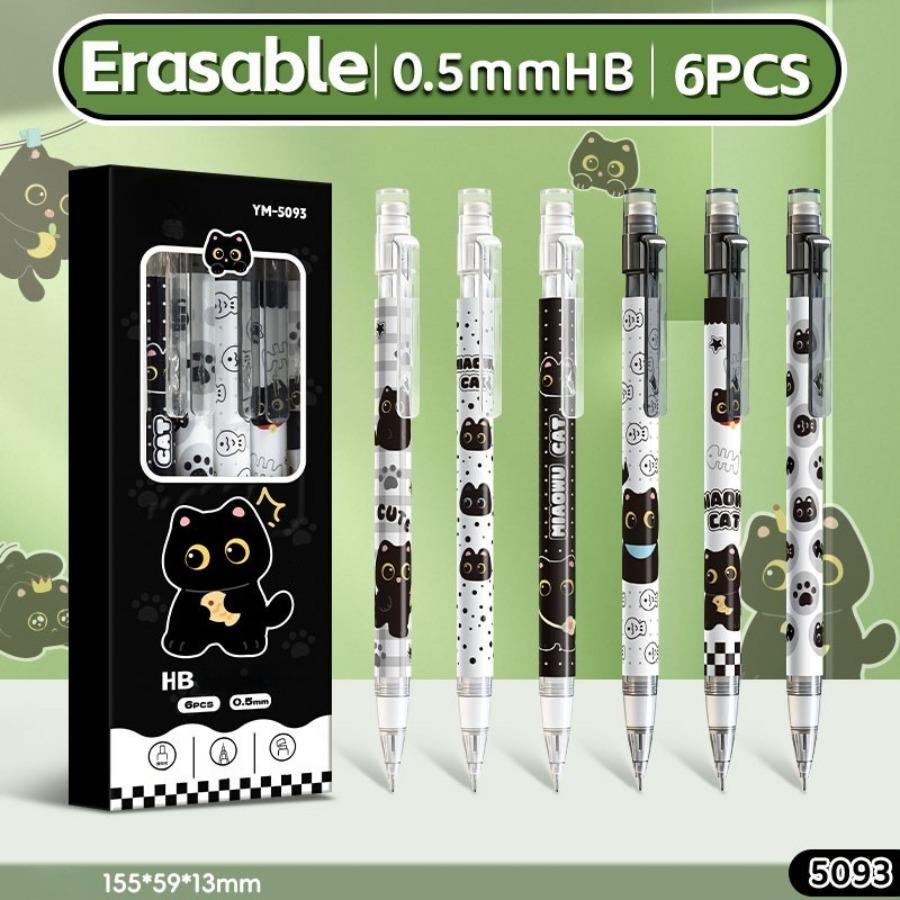 6pcs/set Black Cat Themed Push Button Mechanical Pencils, High Aesthetic, Smooth Writing, Resistant to Lead Breakage, 0.5mm HB, Includes Eraser