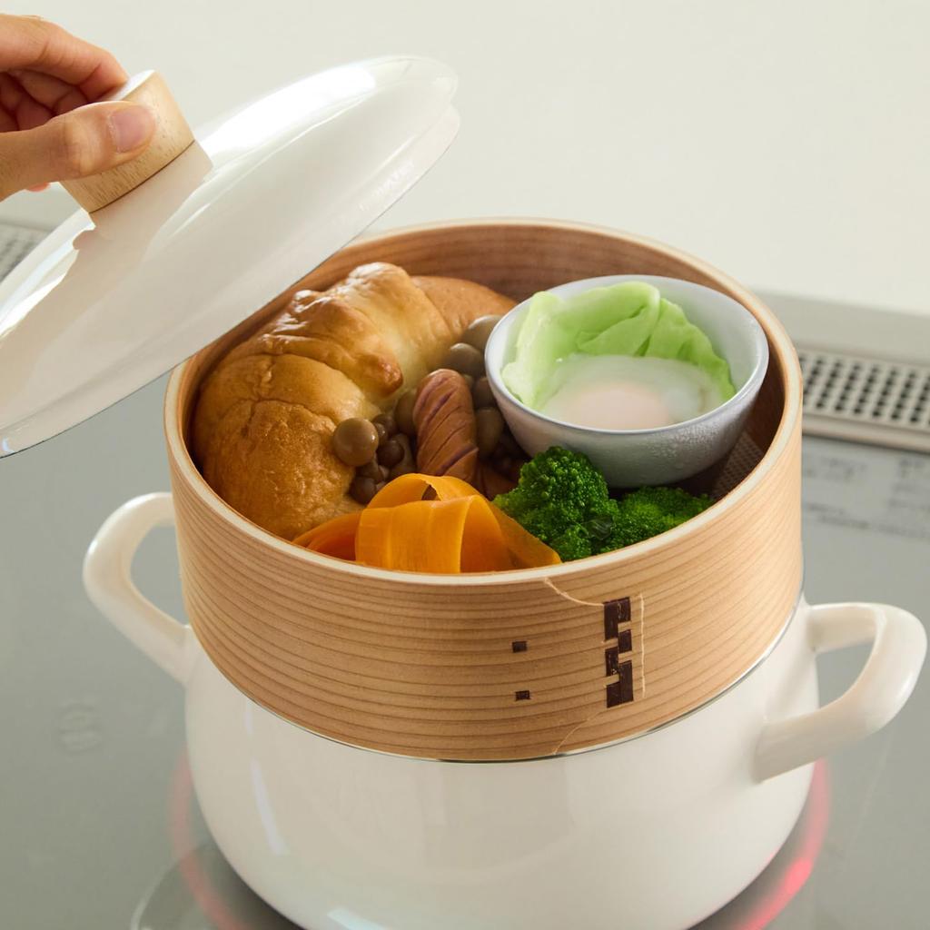 Fuji Enamel Enamel Pot with Steaming Direct Heat and Induction Compatible Steamer, 20cm, Greige, Compatible,
