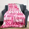 Repeating 'Olivia' With Hearts On Pink Background Lightweight Customizable Blanket Personalized Name Comfortable Texture Great For Sofa Couch Office