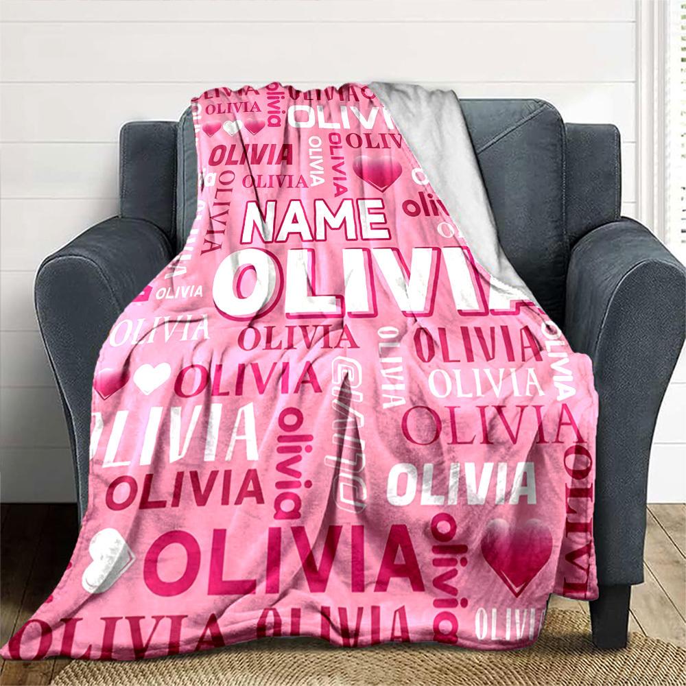 Repeating 'Olivia' With Hearts On Pink Background Lightweight Customizable Blanket Personalized Name Comfortable Texture Great For Sofa Couch Office