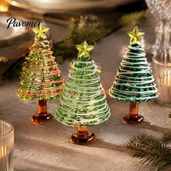 Handmade Colored Glass Decor Glazed Christmas Tree Figurine, Colorful Miniature Xmas Decor, Handcrafted Seasonal Home Festive Ornament Table