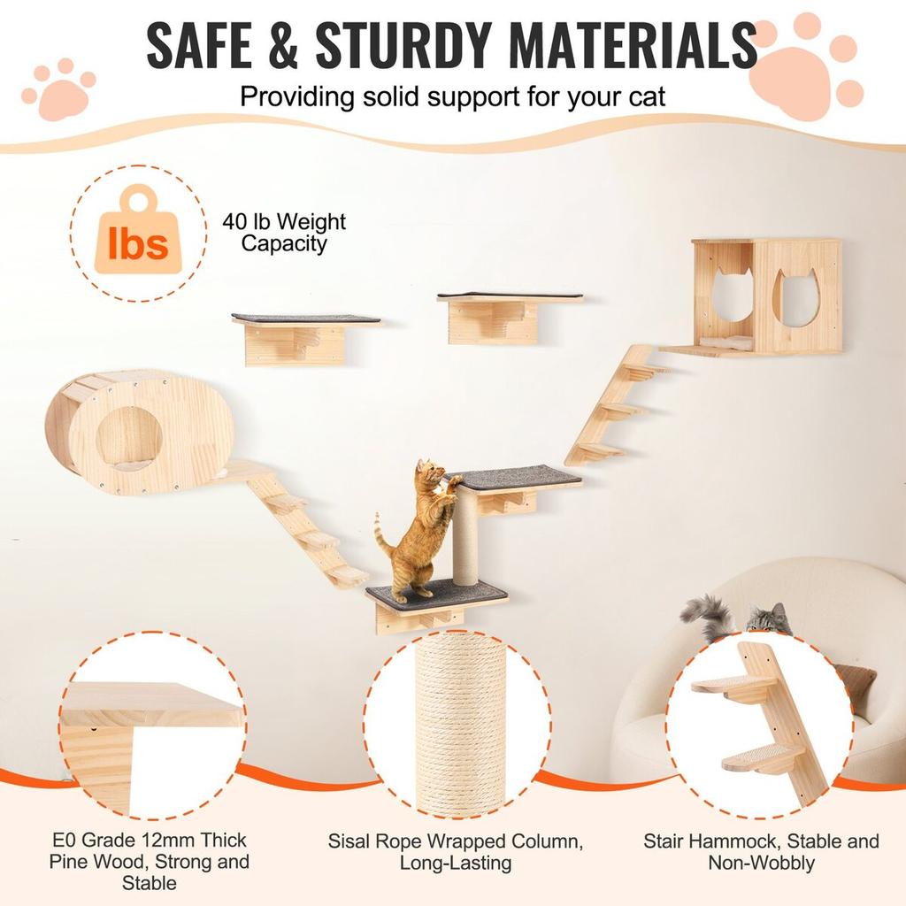 Wall Mounted Cat Shelves Tree with Jumping Boards Nests Hammock Set of 7