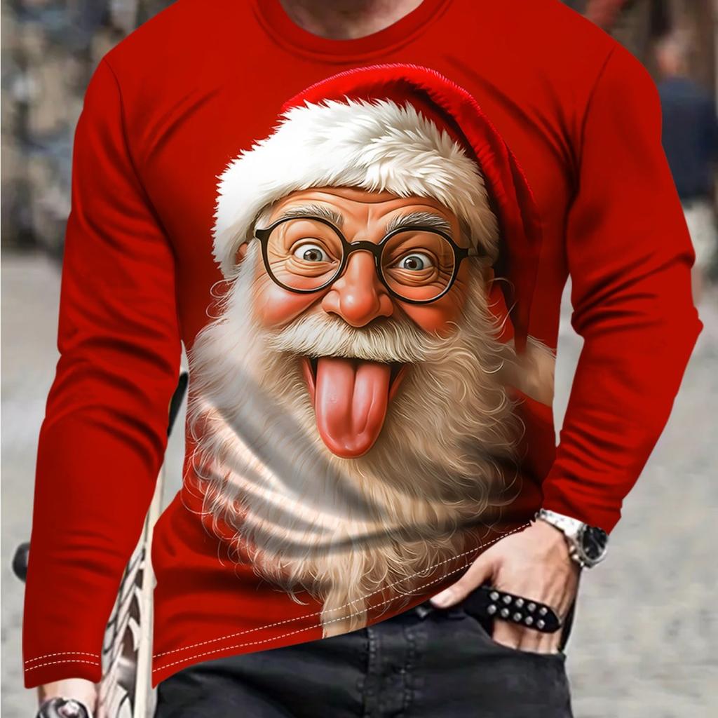 Men's 3D Santa Claus Printed Long-sleeved T-shirt Is Simple and Versatile, Suitable for Spring, Summer, Autumn and Winter