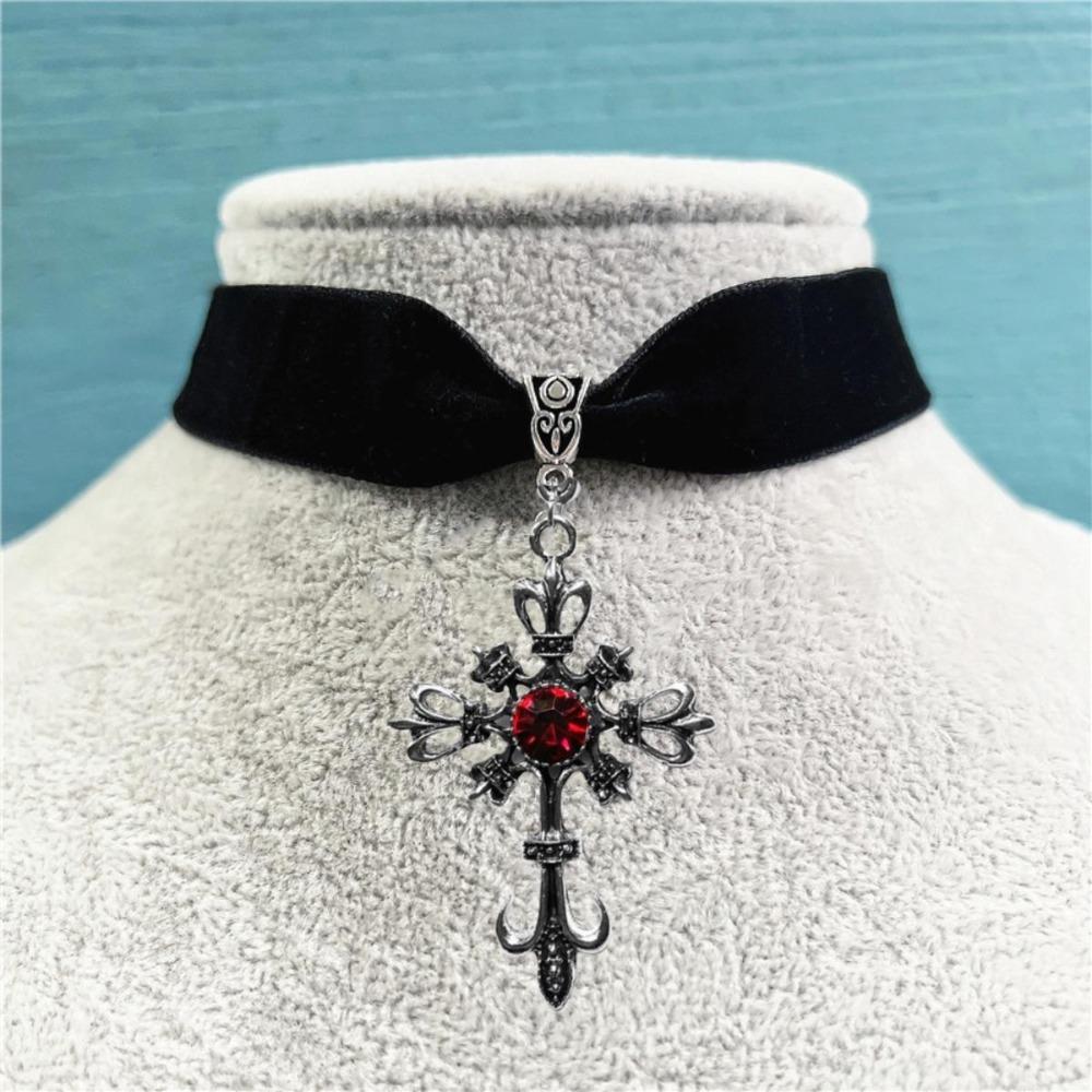Temperament Gothic Inlaid Red Zircon Anchor Cross Pendant Velvet Necklace for Women Halloween Party Personality Collar Jewelry