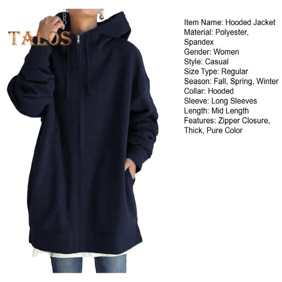 Fall Winter Hooded Jacket Zipper Closure Deawstring Hoodie Long Sleeves Loose Solid Color Warm Pockets Mid Length Neck Protection Coat