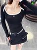 Nanyou Edition 26: Early Spring Envelope Collar Color Block Long Sleeve Ruched Waist Top