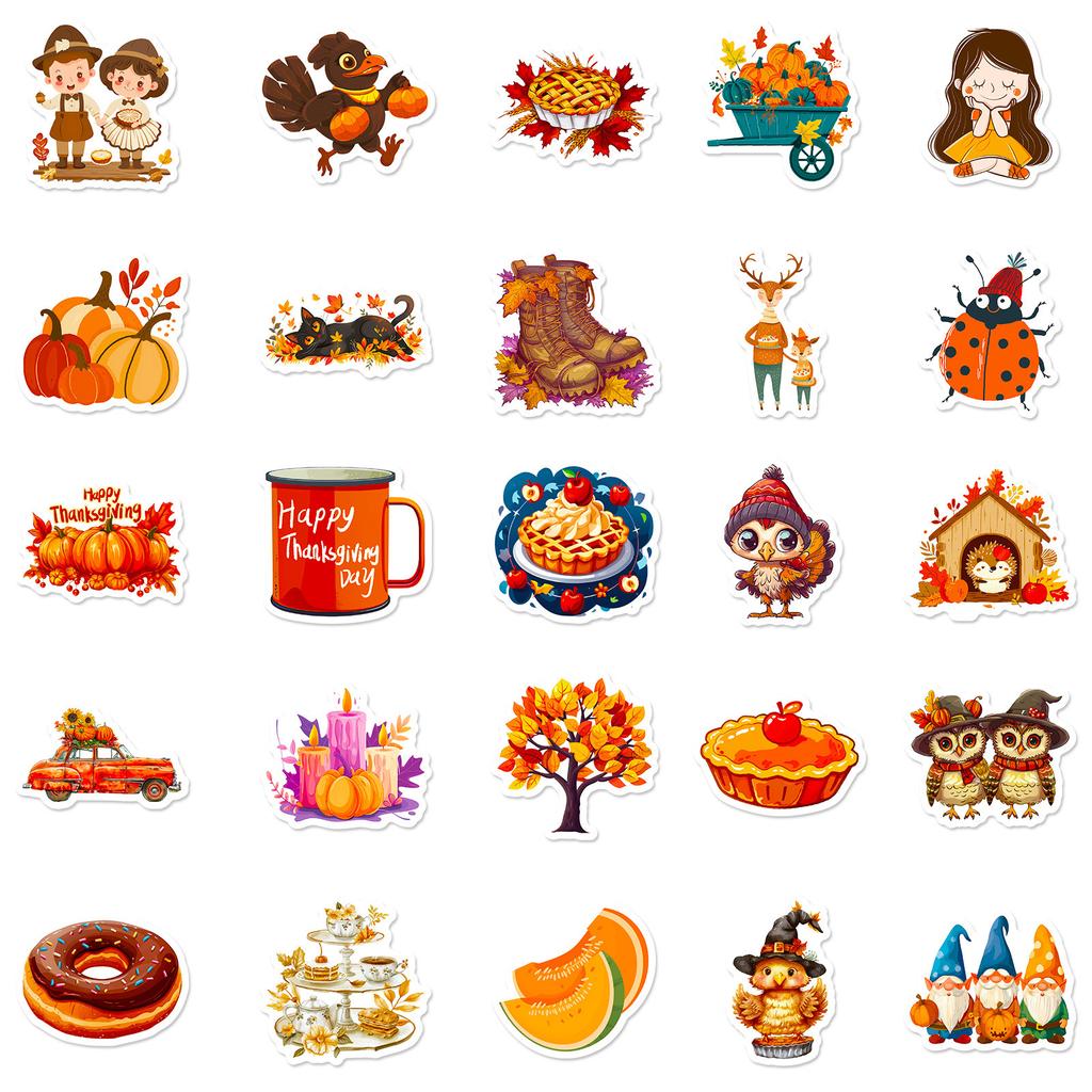 50 Thanksgiving Graffiti Stickers Turkey Apple Pie Fall Harvest Holiday Celebration Decorative Luggage Stickers