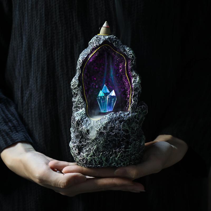 Creative Fantasy Crystal Cave LED Ornaments Backflow Incense Burner Waterfall Incense Cones Censer Decoration