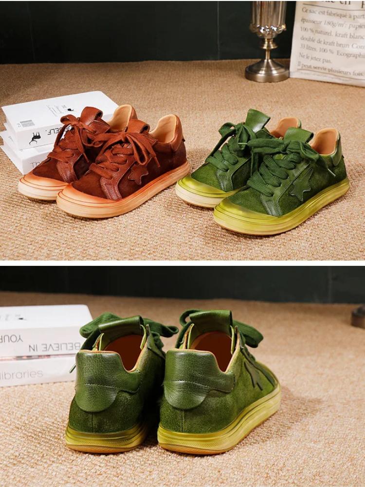 Johnature Versatile Women's Shoes Genuine Leather Solid Color Lace Up Casual Cowhide Soft Soled Flat Shoes