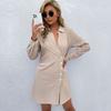Fashion Women's Lapel Solid Color Cotton and Linen Long Sleeve Shirt Dress