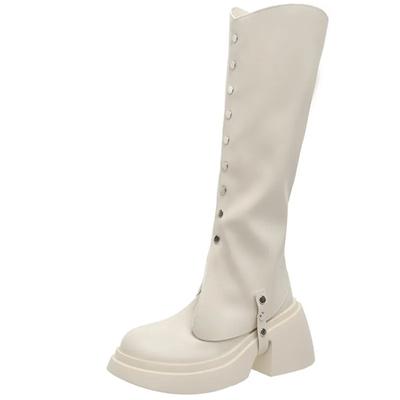 Fashion Women Motorcycle Long Boos Autumn Winter Rivets Knee High Boot Leather Booties Ladies Thick Sole Platform Botas Mujer High Heels