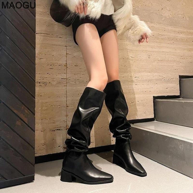 Women's Wide Calf Pleated Black Long Boots Knee-High Chunky Mid Heel 2026 Autumn Winter Fashion Boots Size 35-40 Botas Mujer