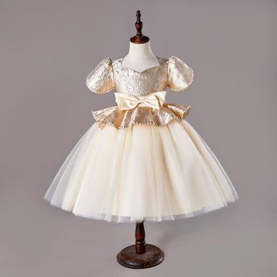 Champagne Princess Puffy Dress Girl's Bow Evening Party Dress Little Flower Girl's Dress