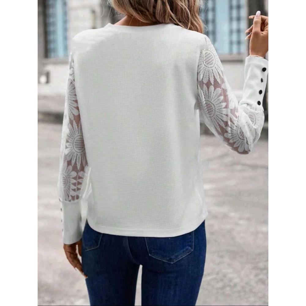 2024 Autumn Top European and American Solid Color Long Sleeve Embroidered Lace Splicing Waffle Round Neck Top Fashionabl Versatile