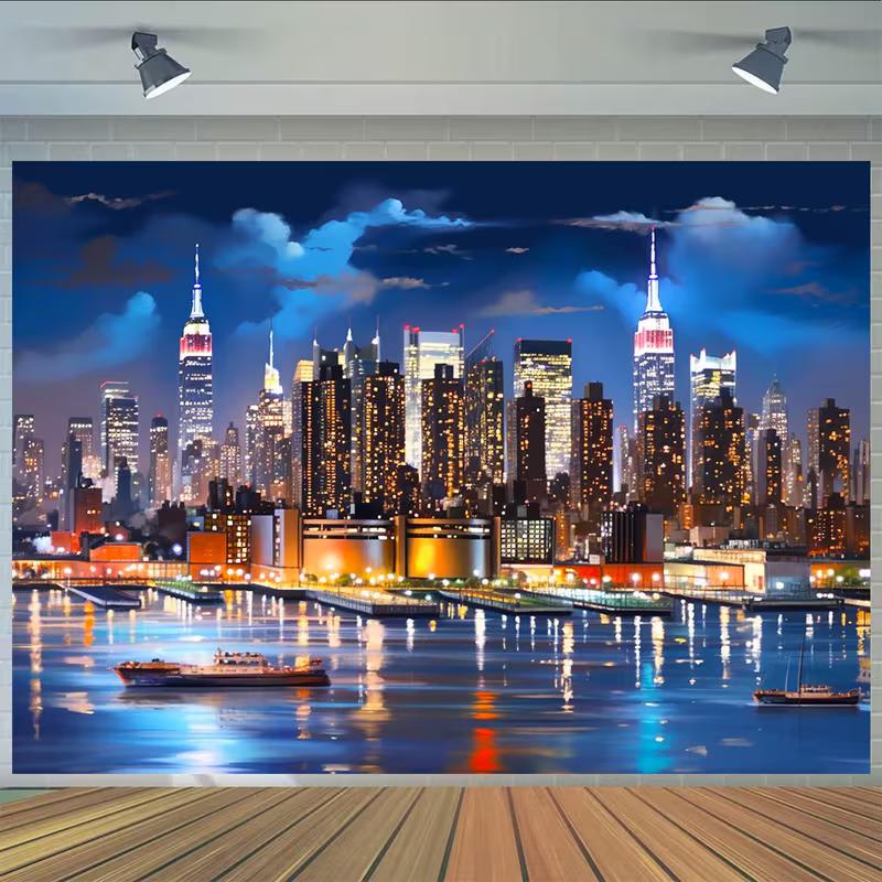 New York Waterfront Cityscape Tapestry, Urban Skyscraper Backdrop for Living Room Decor