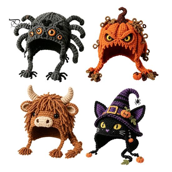 Cute Animal Hat Pattern Highland Cow Crochet Kit, Halloween Pumpkin Spider Hood DIY Kit Handmade Craft for Adults Teens Creative Hobby Gift