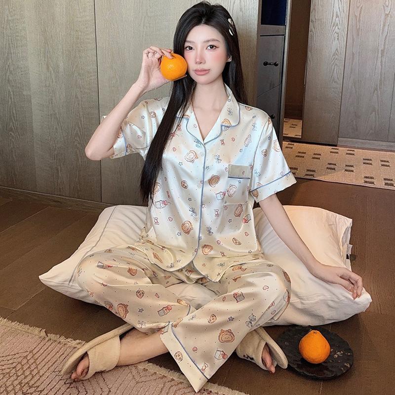 French high-end lace bow jacquard ice silk pajamas women's summer new short-sleeved trousers loungewear