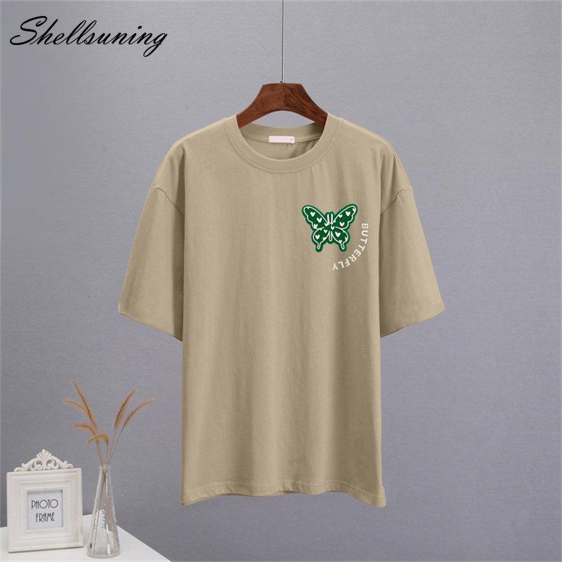 Shellsuning Sommer Baumwolle O Neck T Shirts Frauen Schöne Schmetterling Kurzarm 3D Brief Drucken Tees Lose Weiche Grundlegende Weibliche tops
