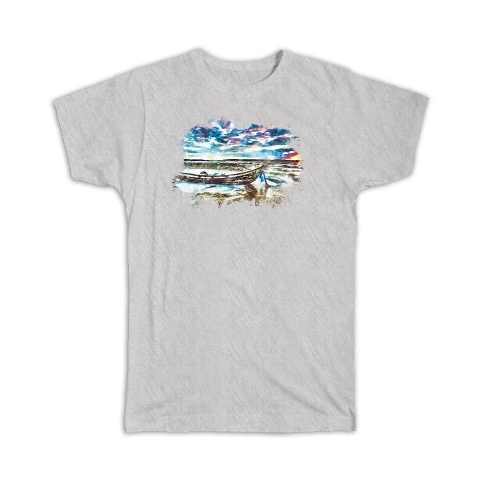 Gift T-Shirt : Watercolor Scenary Wood Boat Frame 3XL